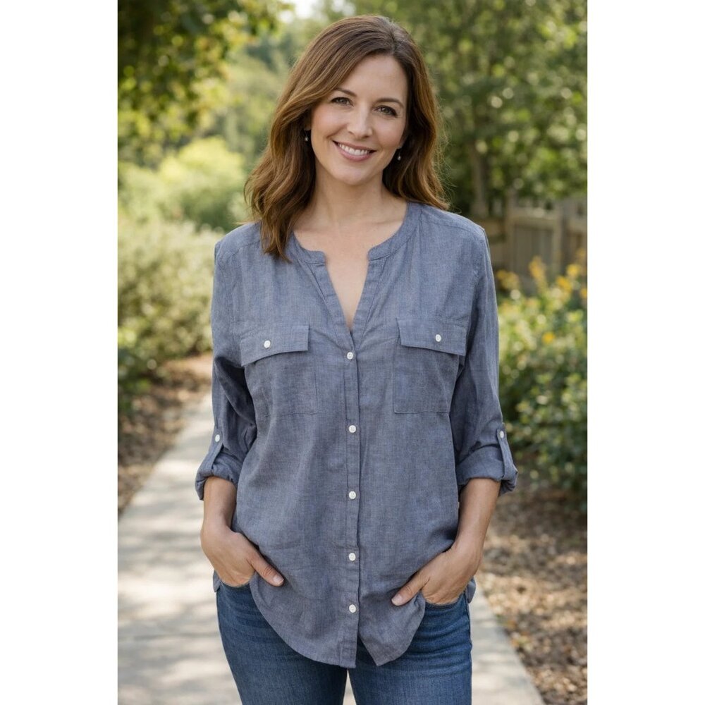 Ann Taylor LOFT size Medium Denim button-front long-sleeved lightweight top